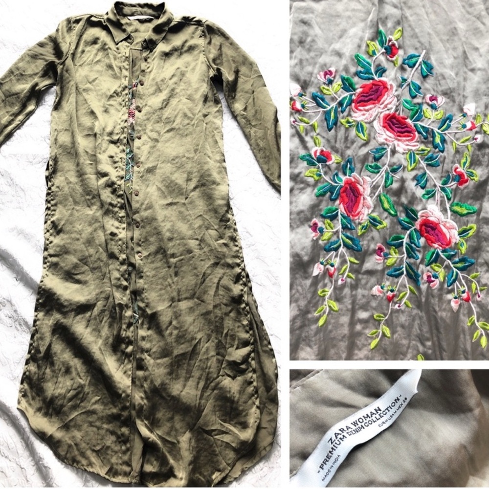 Zara Olive Embroidered Longline Top